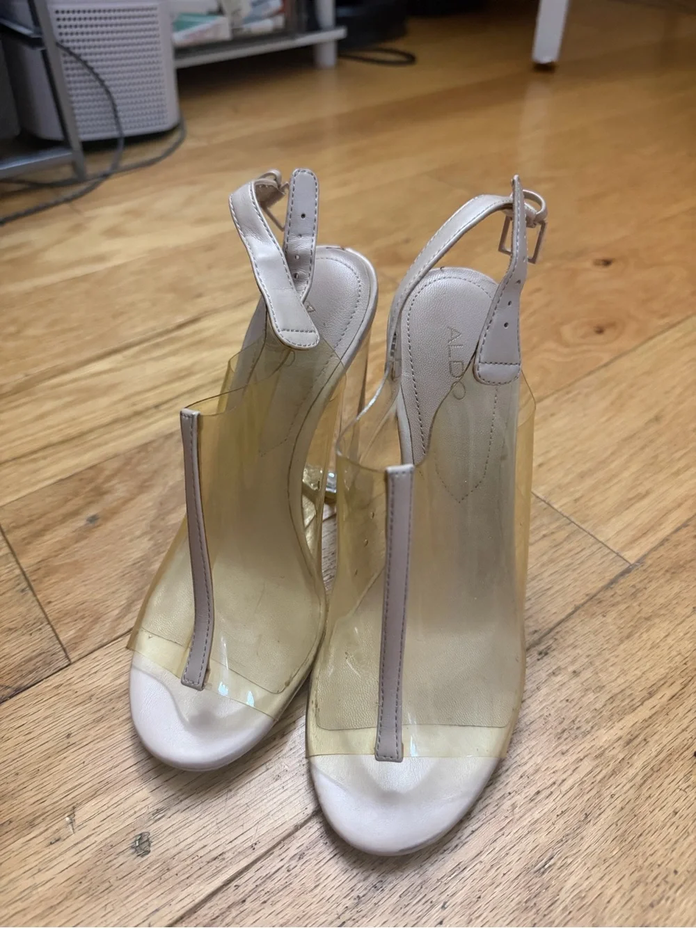 Aldo Clear PVC T-Strap Block Heels with Tan Trim